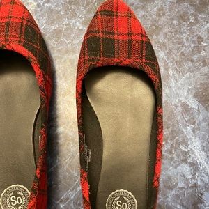 Red and black plaid slip on shoes